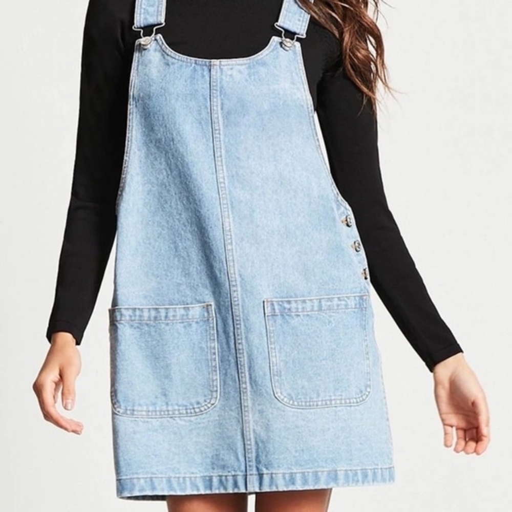 Forever 21 Light Blue Denim Pinafore Mini Dress